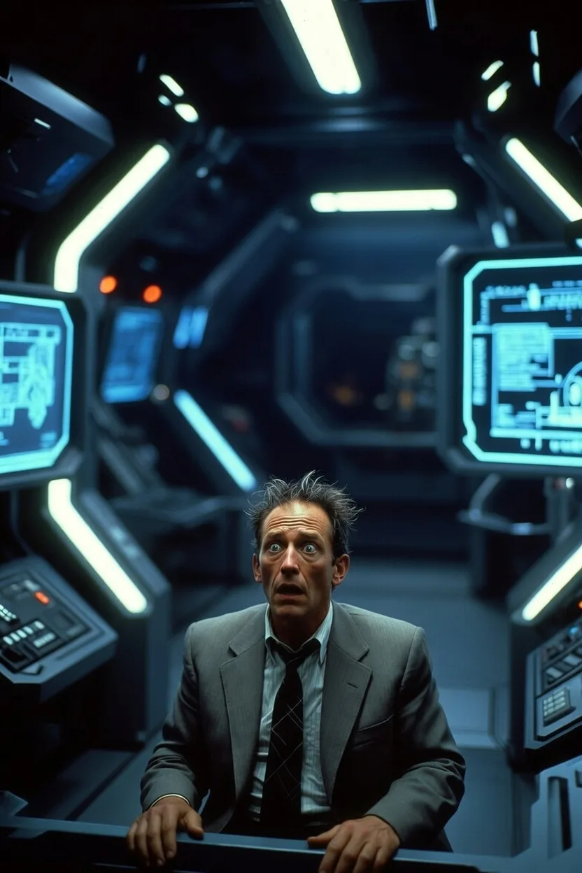 Man in gray suit looking startled inside a futuristic sci-fi spaceship control room with glowing screens