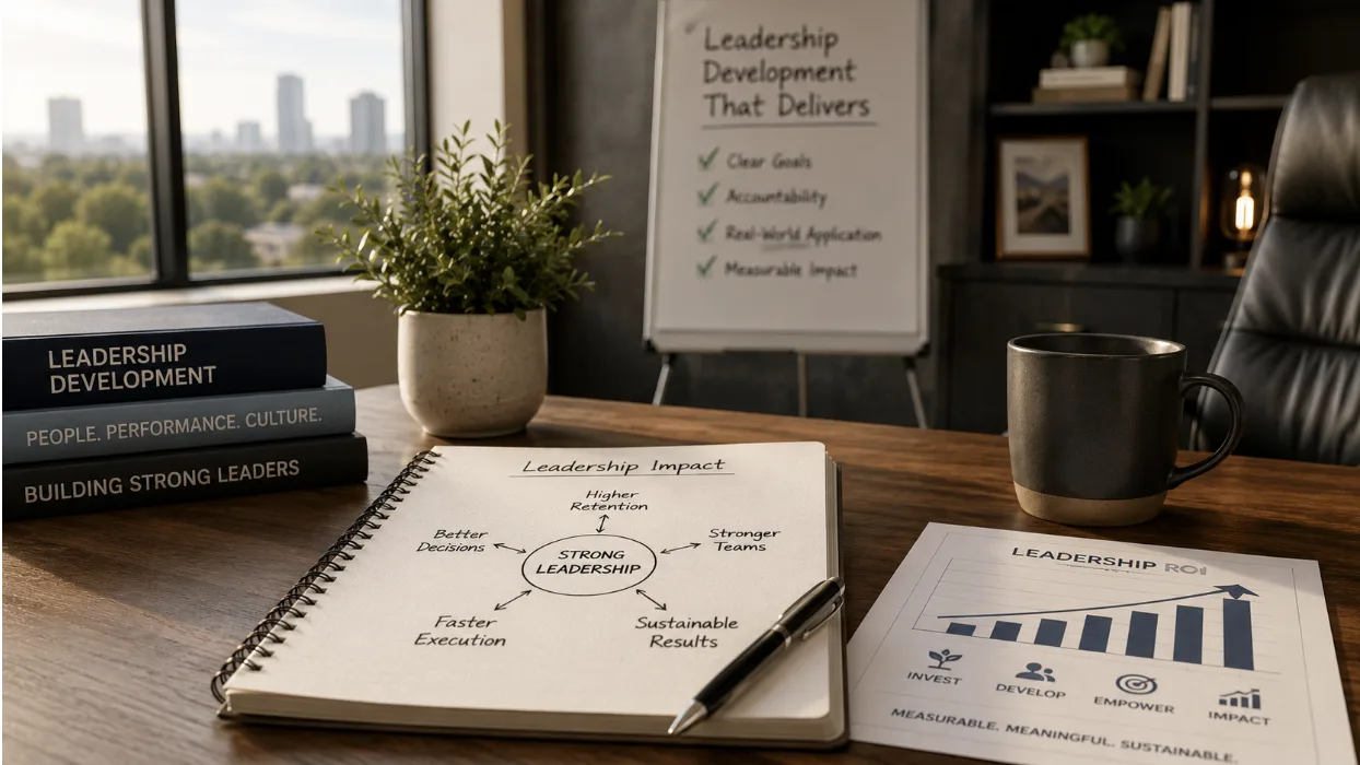 Leadership development office desk with notebook showing strong leadership impact diagram and whiteboard listing clear goa...