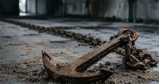 Rusty iron anchor with heavy chain resting on a dusty concrete floor in a dimly lit warehouse