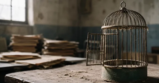 Rusty open birdcage on a worn wooden table in an abandoned room with scattered papers in the background