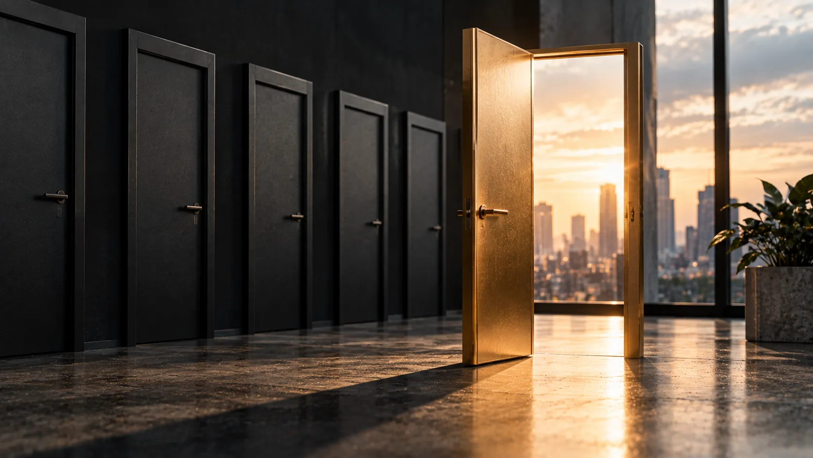 Open gold door in a dark hallway revealing a glowing city skyline at sunset, symbolizing opportunity
